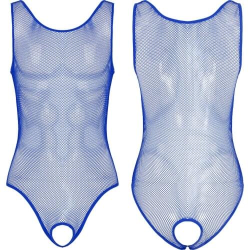 Men Sexy Sissy Hollow Out See Through Fishnet Lingerie Sleeveless Open Crotch Leotard Bodysuit Transparent Nightwear Sleepwear