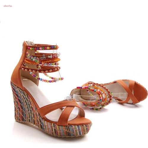 Summer pink blue Beading PU High Heels Wedges Platform Women Sandals For Female Buckle Strap Comfort Casual Ladies Shoes