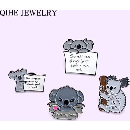 Gray Koala Bear Enamel Pin Cartoon Animal Funny Quote Tips Wood Paper note Brooches Bag Clothes Jewelry Soft Enamel Badges Gifts