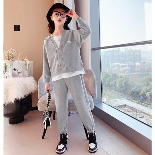 Girls Clothes Splicing Sweatshirt Pant Two Piece Kids Clothing Set 2021 New Spring Fall Children Tracksuits Fashion Teen Costume