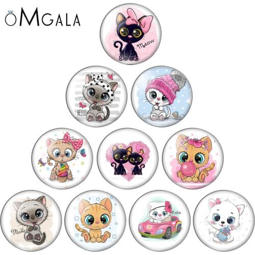 Cartoon Lovely Animals Cat Pattern 10mm/12mm/14mm/16mm/18mm/20mm/25mm Round photo glass cabochon demo flat back Making findings