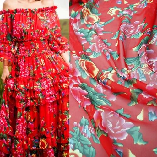 145cm Width Fashion Red Peony Printed Thin Chiffon Fabric For Woman Girl Summer Long Dress Blouse DIY Cloth Sewing