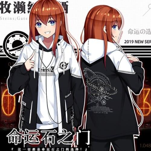 Anime Steins Gate Makise Kurisu Cosplay Hooded Unisex Patchwork Zipper Hoodies Coat Winter Warm Thicken Sweatshirt Jacket