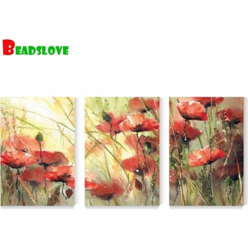 Triple poppies diamond painting full square round cross stitch mosaic still life diamond embroidery Abstract red poppy