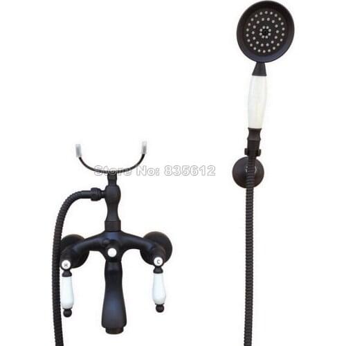 Bathroom Handheld Shower Bath Tub Faucet + Dual Ceramic Handles Classic Black Oil Rubbed Bronze Wall Mounted Faucet Wtf576