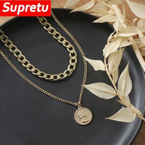 Vintage Multi-layer Portrait Pendants Necklace for Women Plating 18K Gold Big Thick Chain Exaggerated Coin Choker Jewelry 2021