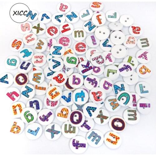 XICC 26 Letters Coloured Drawing Decoration Child Learn to Read Spelling DIY Wooden Buttons 100pcs Clothes Printing Sewing Craft