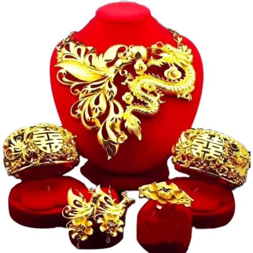 Yulaili Brand Chinese Style Design Gold-color Wedding Jewelry Sets Dragon and Phoenix Play Pearl Necklace Bracelet Earrings Ring