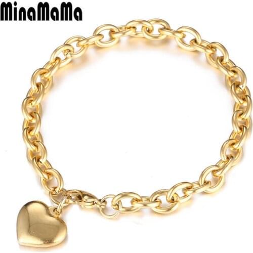 Simple Stainless Steel Chain Heart Charms Bracelets For Women Girls Christmas Jewelry Gifts