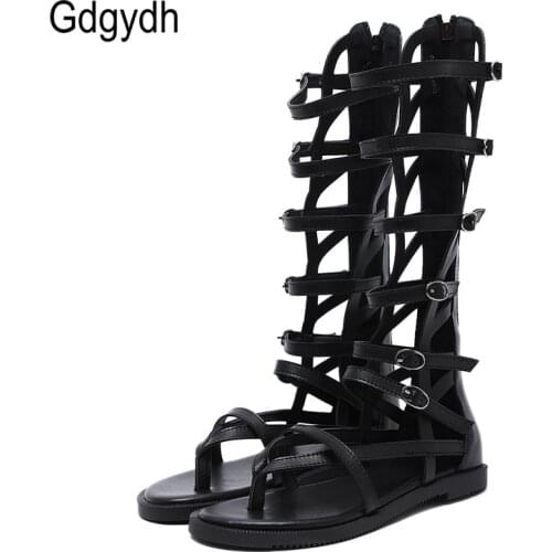 Gdgydh Fashion Buckle Gladiator Sandals Women Flat Sandal Over The Knee Flip Flops Female Summer Shoes With Zipper Black Leather