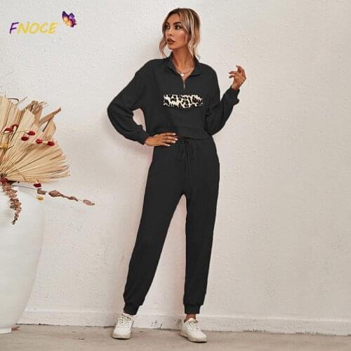 FNOCE Two-Piece Suit Zipper Lapels 2021 Womens Clothing Fashion Fall Autumn Leopard Print Long Sleeve Home Wear Casual Suit
