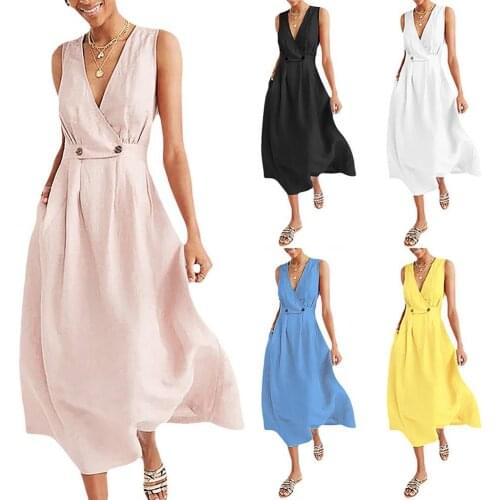 70% WomenS Swimwear 2021 Hot Sell Summer Solid Color Women Sexy Deep-V Large Swing Button Sleeveless Maxi Dress