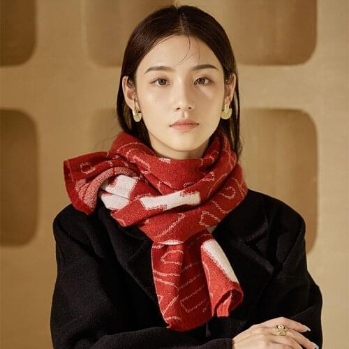 100% Real Wool Scarf Women Autumn Winter Warm Pashmina Shawls Wraps Letter Red Scarf Luxury Cashmere Neck Scarves Foulard Femme