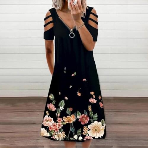 Summer Dress Women Casual V-Neck Short Sleeve Print Dress Party Dresses For Female Beach Dress With Zipper For Lady