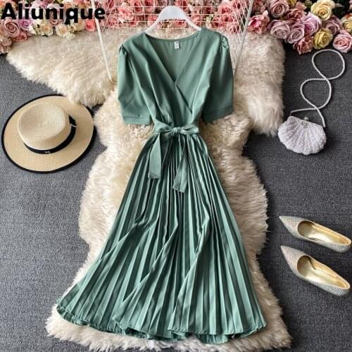 Aliunique New Sexy Chic V-neck Pleated Dress for Women 2021 Summer Fashion Leisure Ruffle Temperament Vintage Dress Palace Style