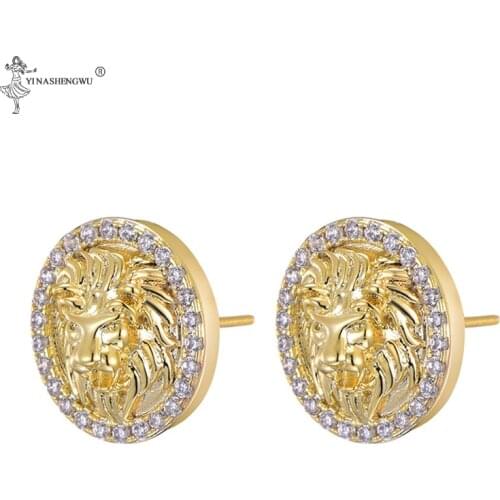 1 Pair Hip Hop Zircon Micro Paved Lion Iced Out Rhinestone CZ Stone Round Bling Stud Earring Copper Earrings Men Jewelry Gift