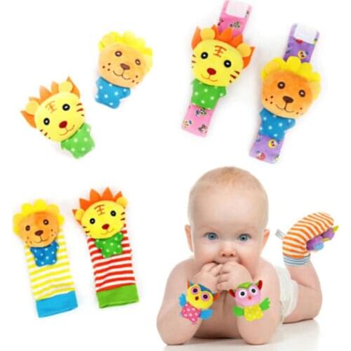 Plush Newborn Soft Doll Dog Pig Lion Wrist Band Rattle Foot Socks Ring Bell Colorful Infant Baby Developmental Toy 2 Pcs/set