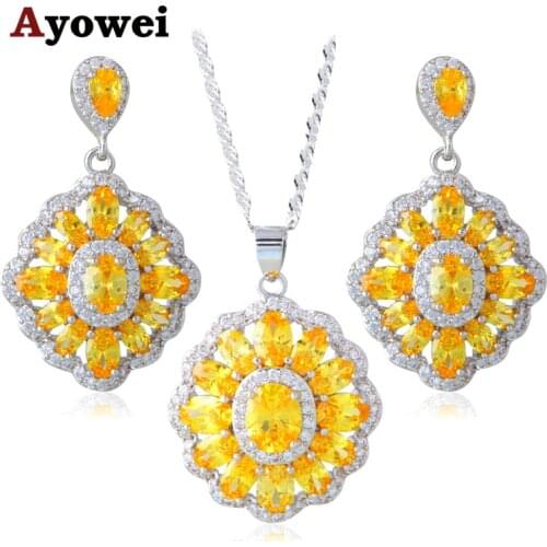 2016 New Fashion Jewelry Sets Trendy Silver Stamped Yellow Zircon Earrings Necklace for Women JS654A