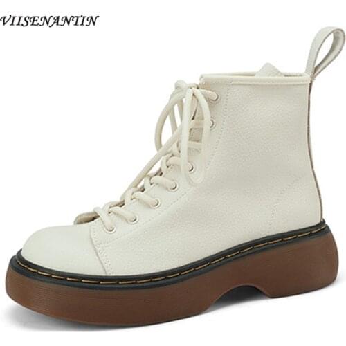 2021 New Round Toe Thick-soled Martin Boots Female British Style Spring and Autumn Single Boots Cowhide Lace Casual Short Boots