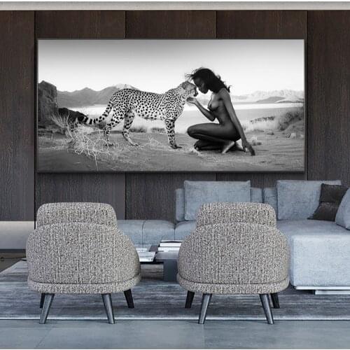 Black Woman With Cheetah Canvas Art Posters And Prints Wild Animals Landscape Canvas Paintings on the Wall Nordic Art Pictures