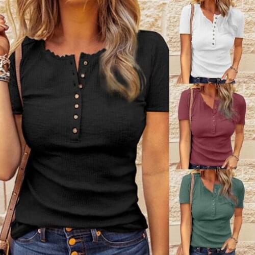 T-shirt Female Solid Button O-neck Short Sleeve T-shirts For Women Breathable Casual Streetwear Camisetas Mujer