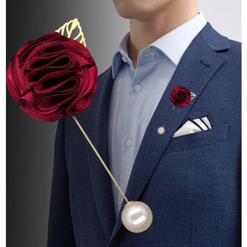 Artificial Flower Boutonniere For Men Gold Lapel Pin Pearl Bridal Corsage Boutonnieres Simple Brooch Wedding Accesories XH1327-P