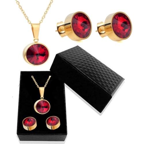 3pcs/Set Single Large Rhinestone Red Blue Ladies Necklace 316L Stainless Steel Necklace Earrings Set Lady Jewelry Set Gift Box