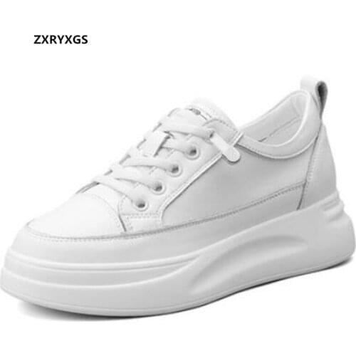 2021 New Spring Lace-up Genuine Leather Sneakers Casual Shoes Thick-soled Heighten Shoes Comfortable Light Women Sneakers Shoes
