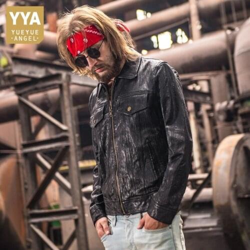 Men Goatskin Short Coat Lapel Zipper Multi-Pockets Slim Fit Genuine Leather Jacket Spring Autumn Korean Pleated Male Outerwear