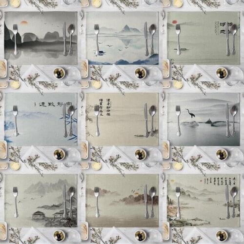 Fashion Vintage Scenery Print Rectangle Cotton Linen Western Style Table Pad Cut Mats Placemat for Dinner Kitchen Table 40x30cm