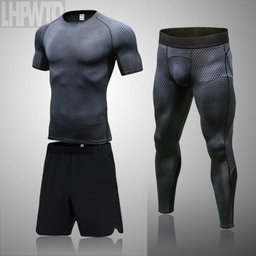 Mens Sport Running Set Compression T-Shirt + Pants Skin-Tight Short Sleeves Fitness Rashguard MMA Training Clothes Gym Yoga Suit