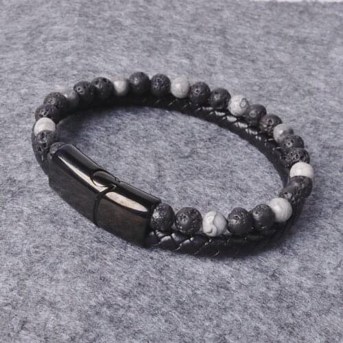 Natural Tiger Eye Volcanic Stone Beaded Bracelet Black Stainless Steel Magnetic Buckle Leather Bracelet Mens Rock Charm Jewelry