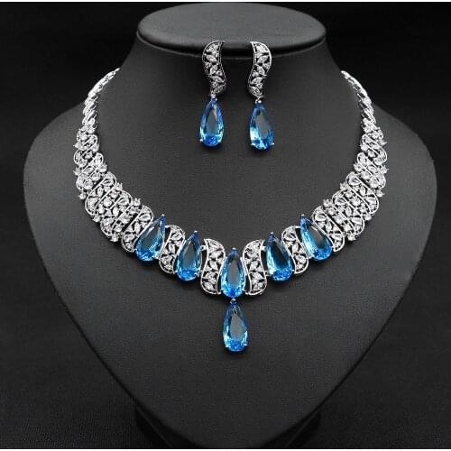 Luxury Shiny Cubic Zirconia Paved Big sky blue Water Drop Women Wedding Necklace Earrings Sets Bridal Party Jewelry
