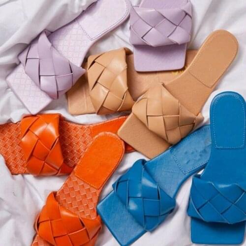 Elegant Summer Women Slippers Pu Leather Weaving Flat Heel Solid Rubber Sole Beach Outdoor Slides Casual Sandals Ladies Shoes