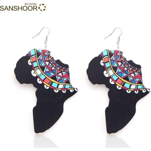 SANSHOOR Newest Bohemia Ethnic Printed African Characteristic Black Map Wooden Earrings 1 Pair