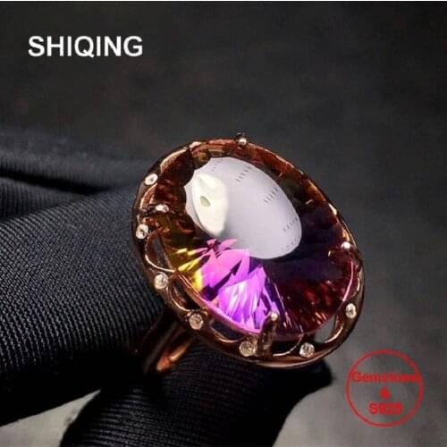 SHIQING 11ct Gemstone Ametrine flower ring , big floral bling ring for her