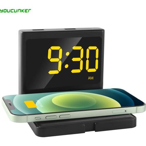 15W Qi Fast Charge LED Electric Alarm Clock Digital Thermometer HD Mirror Clock with Wireless Charger and Date For Iphone 12/11