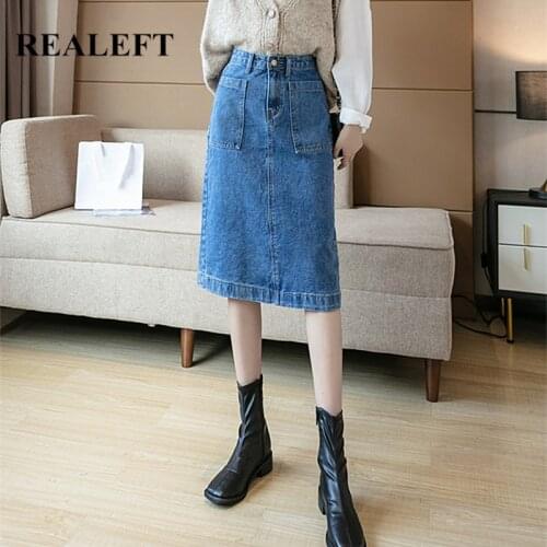 REALEFT 2020 New Women Vintage Denim Midi A-Line Skirts Pockets Korean Style High Waist Sheath Womens Denim Skirts Jeans Female