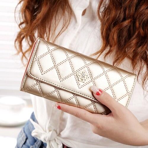 Womens Wallets Crown Lattice Buckle Lady Purses Plaid PU Leather Long Hasp Phone Bag Money Coin Pocket Card Holder Female 162