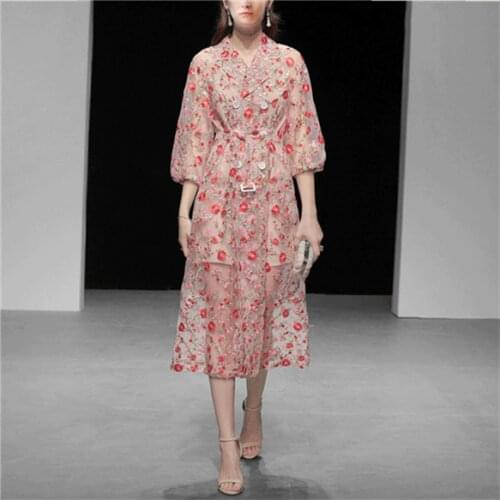 2021 New arrive Runway summer Flower Embroidery Overlay Trench Coat Women Notched Lantern Sleeve Belt Mesh Long Coat Outerwear