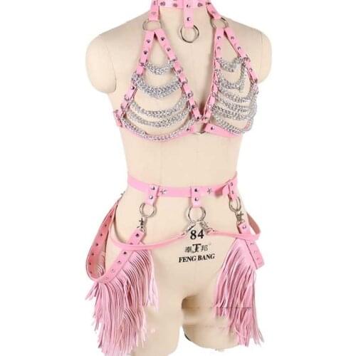 Women Sexy Metal Chain Costume Outfit Stage Performance Nightclub Show Bra Chains Belt DWY3378