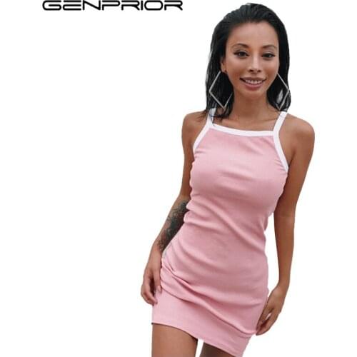 GENPRIOR Women Summer Sexy Skinny Stretch Knitted Dress Female Casual Spaghetti Strap Party Mini Sleeveless Lady Vestidos Dress