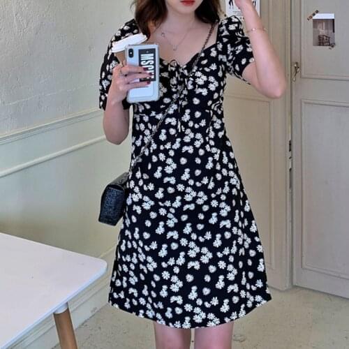 Women Summer Floral Dress French V-neck Skirt with Puff Sleeve Retro Casual Dress Off the Shoulder Maxi for Covering Arm TT@88