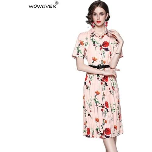 Summer Fashion Floral Dress for Women 2021 New Runway Designers Short Sleeve Shirt Collar Pleated Pink Casual Sweet Vestidos