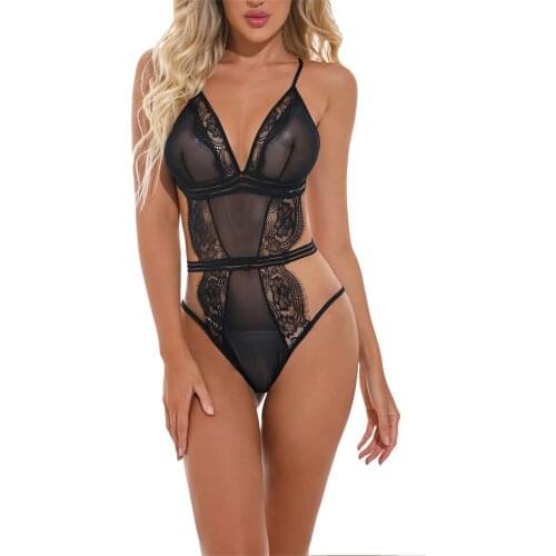 Women Teddy Lingerie Hot Erotic Dress Sexy V-neck Transparent Underwear Lace Mesh Sheer Lenceria Sex Babydoll Costumes Bodysuits