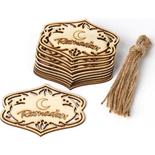 10PC DIY EID Mubarak Wooden Pendant Craft Hanging Pendants With Ropes Ramadan Decorations For Home Islamic Muslim Party Supplies