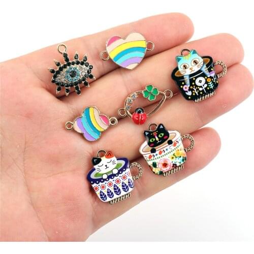 10pcs/lot Cute Teacup Cat Heart Enamel Charms Multi-style Pendant For Women DIY Necklace Earrings Anklet Jewelry Accessories