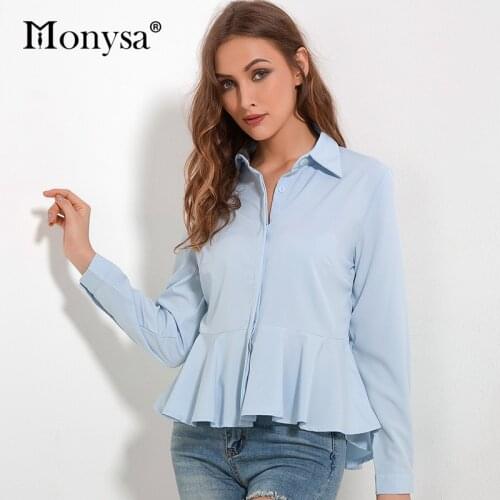 2018 Women Blouses Chiffon Shirts Ruffle New Fashion Collar Peplum Tops Women Long Sleeve Shirt White Blue Red Streetwear