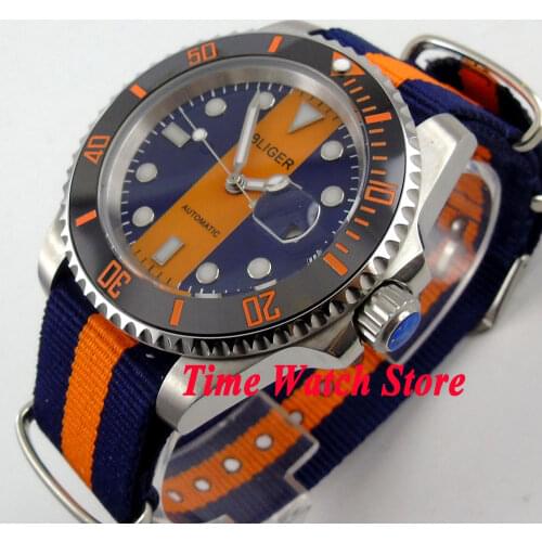 Bliger 40mm blue orange dial saphire glass date magnifier Ceramic Bezel nylon strap Automatic movement Mens watch BL124