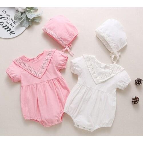 New Summer Baby Girl Bodysuit Sweet 2 Pcs Set Solid Ruffles Short Sleeve Baby Bodysuit+hat Breathable Party Baby Clothing 0-18M